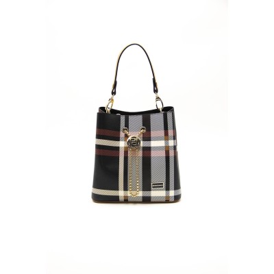 Silver Polo Μαύρη Ταμπά Γυναικεία τσάντα χειρός με μοτίβο καρό σε στυλ πουγκί