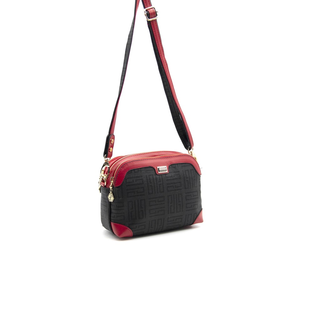 Silver Polo Μαύρη Κόκκινη Γυναικεία τσάντα χιαστί/Messenger με τρεις θήκες SP968-4