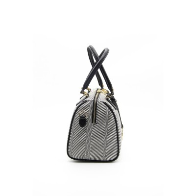 Silver Polo Μαύρη Λευκή Γυναικεία Τσάντα χειρός μονής θήκης με μοτίβο ψάθας