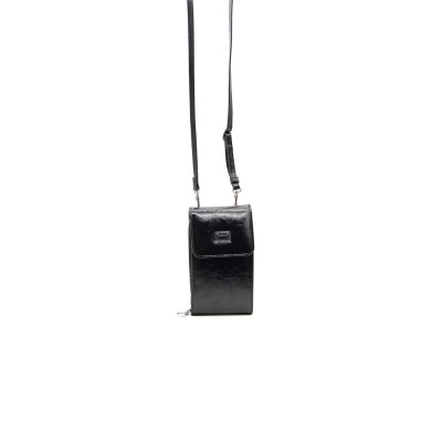 Silver Polo Μαύρο Λουστρίνι Γυναικείο Πορτοφόλι & Θήκη Κάρτας/Τηλεφώνου με λουράκι και τρεις θήκες