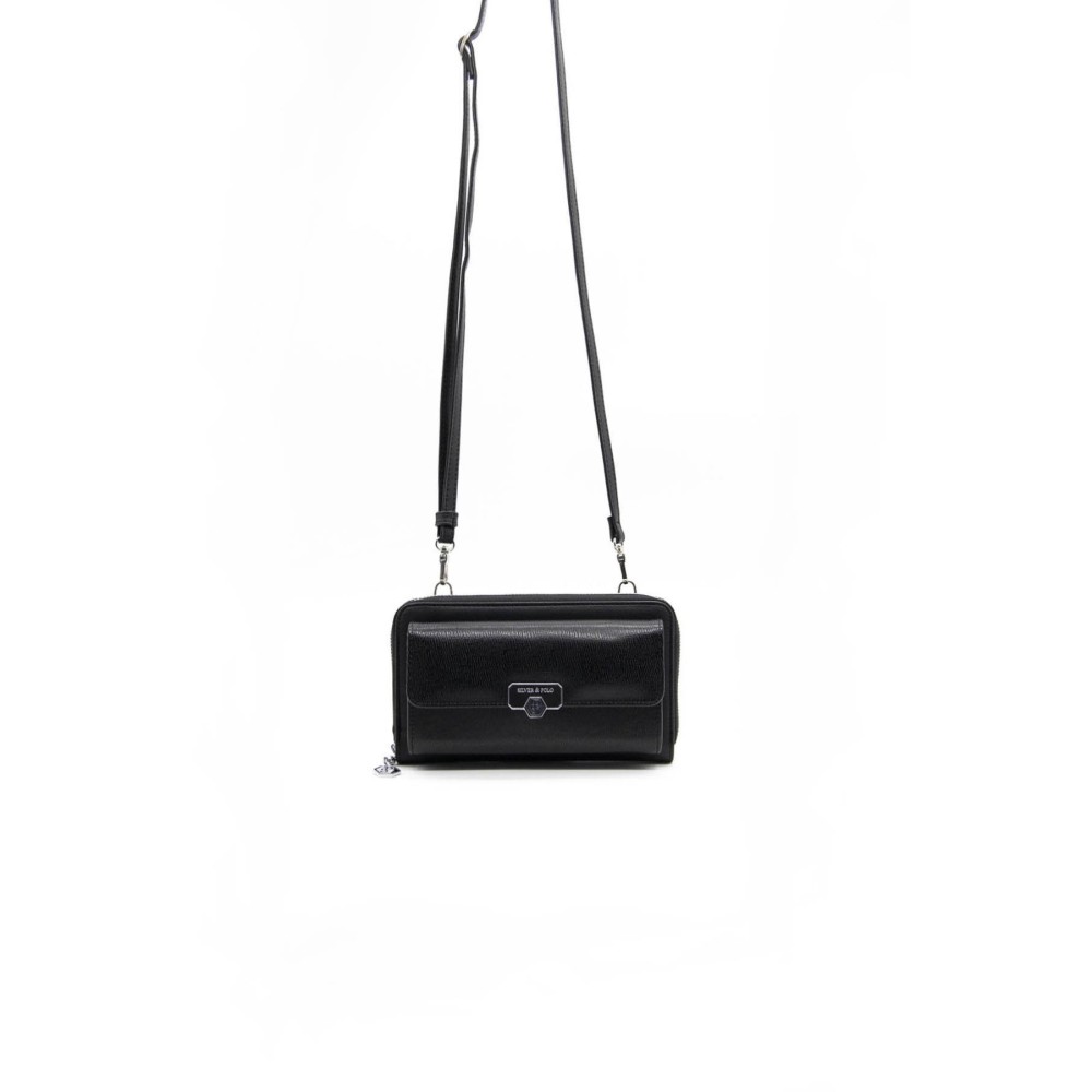 Silver Polo Μαύρο Γυναικείο Πορτοφόλι & Θήκη Κάρτας/Τηλεφώνου με λουράκι και τρεις θήκες SP921-2